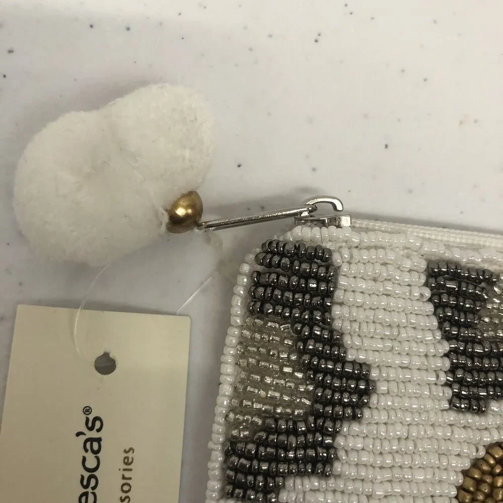 Francesca's Glass Beaded Pouch Clutch Bag Purse Gold Heart Leopard Cougar Spots